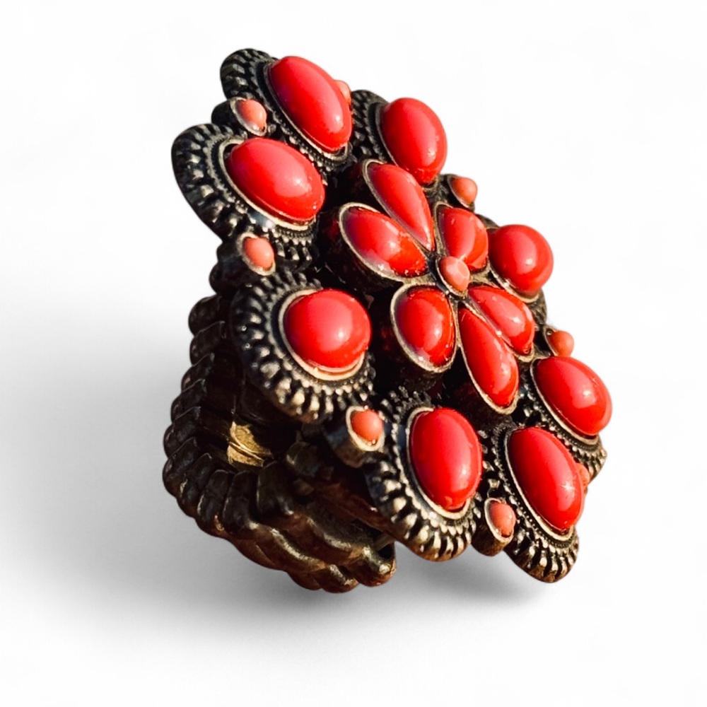Vintage Bronze Tone Stretchy Faux Red Coral Native Style Statement Cocktail Ring